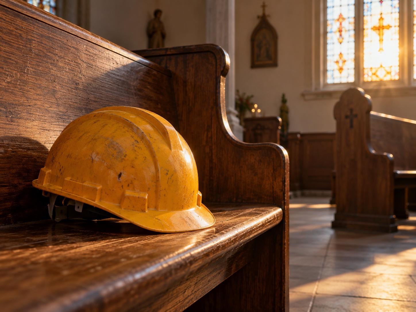 Hard hat resting on a pew, low dawn light