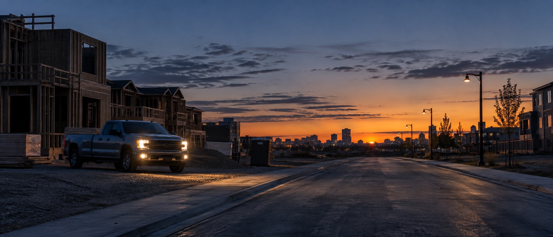 A job site before dawn, one truck, the day not yet started