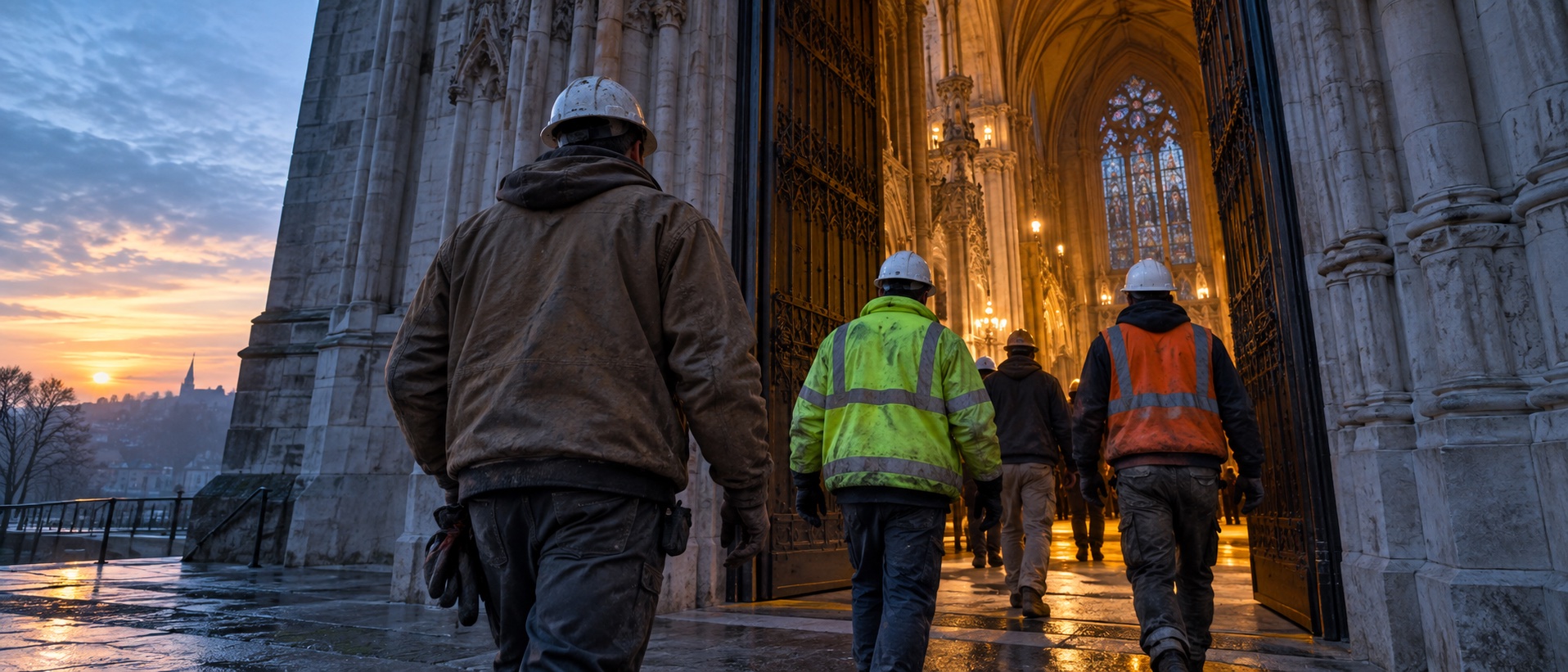 Hardhat workers walking into a cathedral at dawn