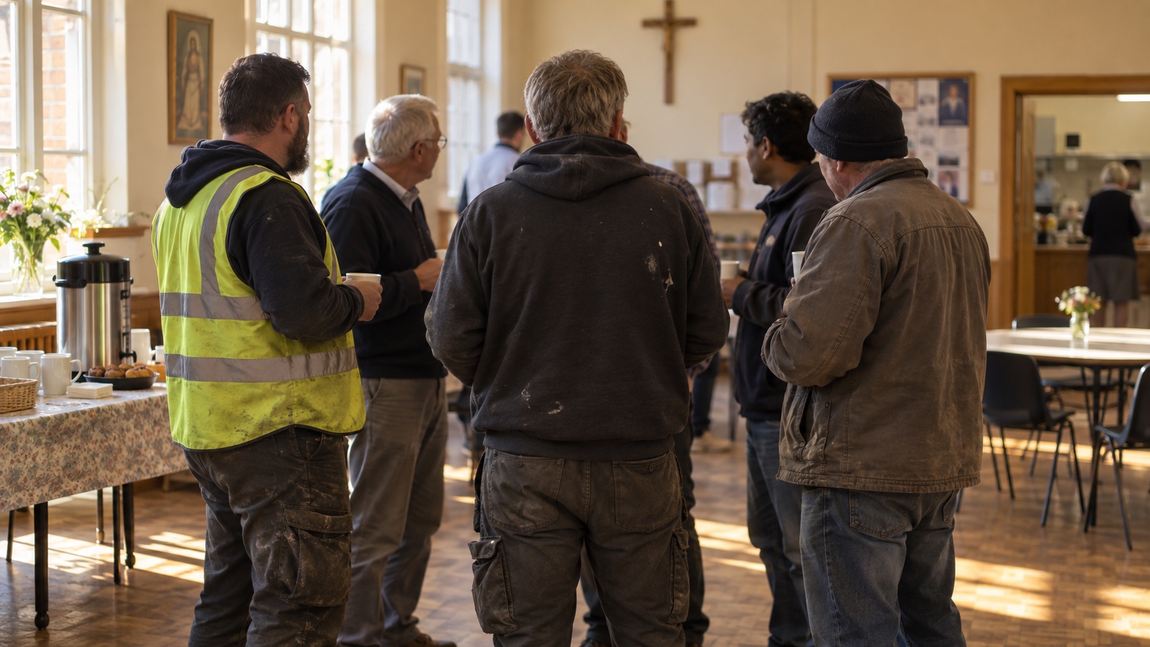 Men in a circle after Mass, parish hall