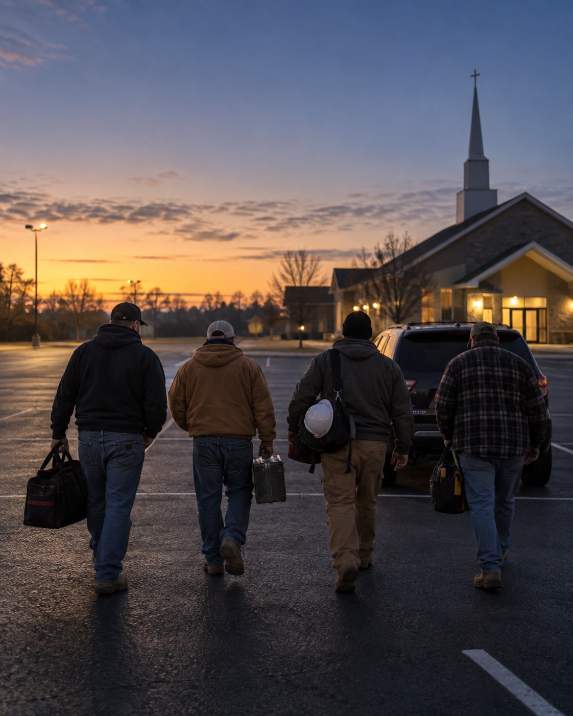 Men walking to a carpool, dawn lot